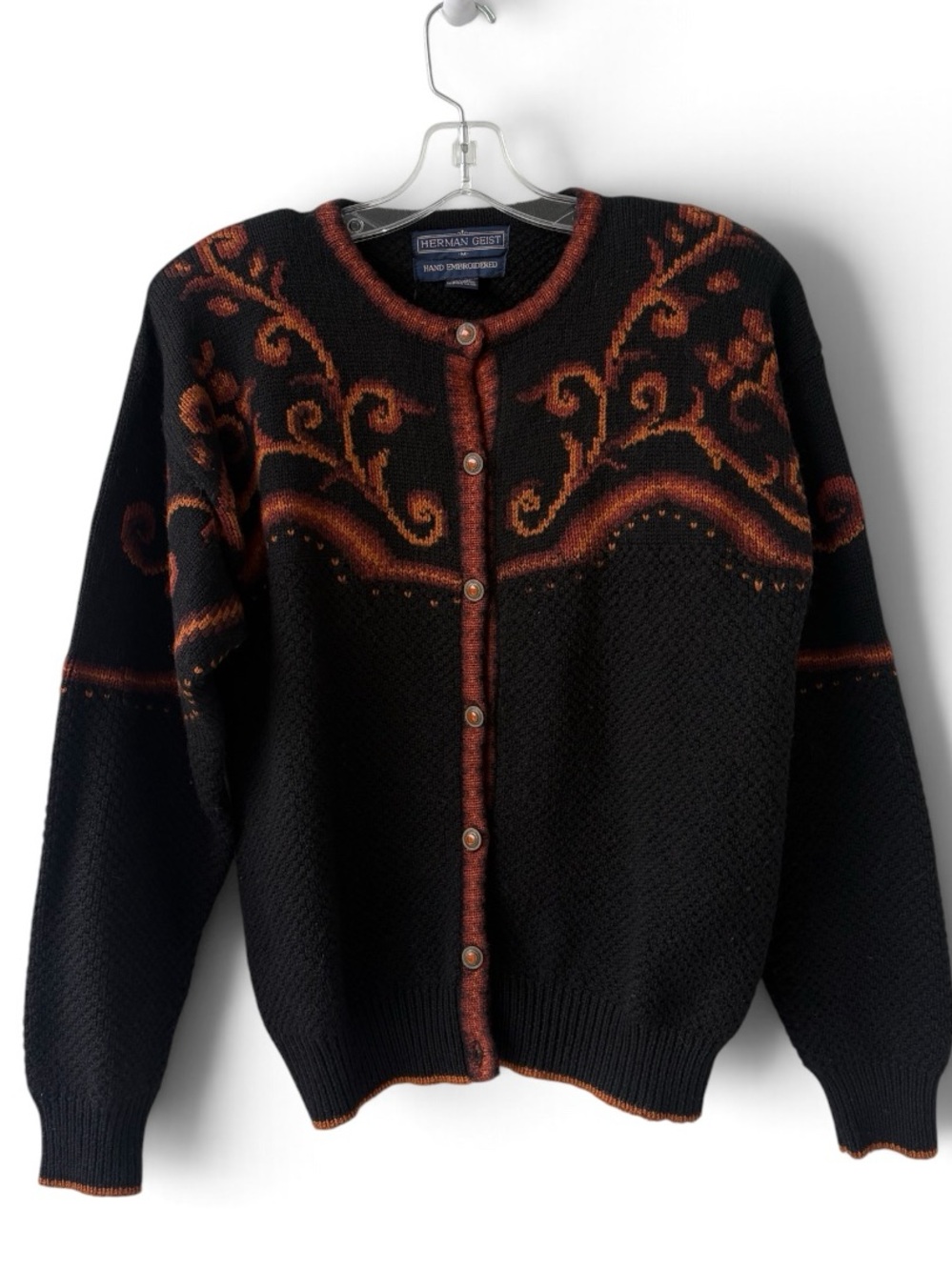 Herman Geist 100% Wool Cardigan Sweater Hand Embroidered Medium